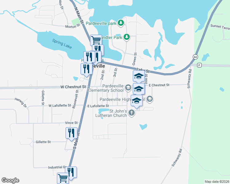 map of restaurants, bars, coffee shops, grocery stores, and more near 105 Washington Street in Pardeeville