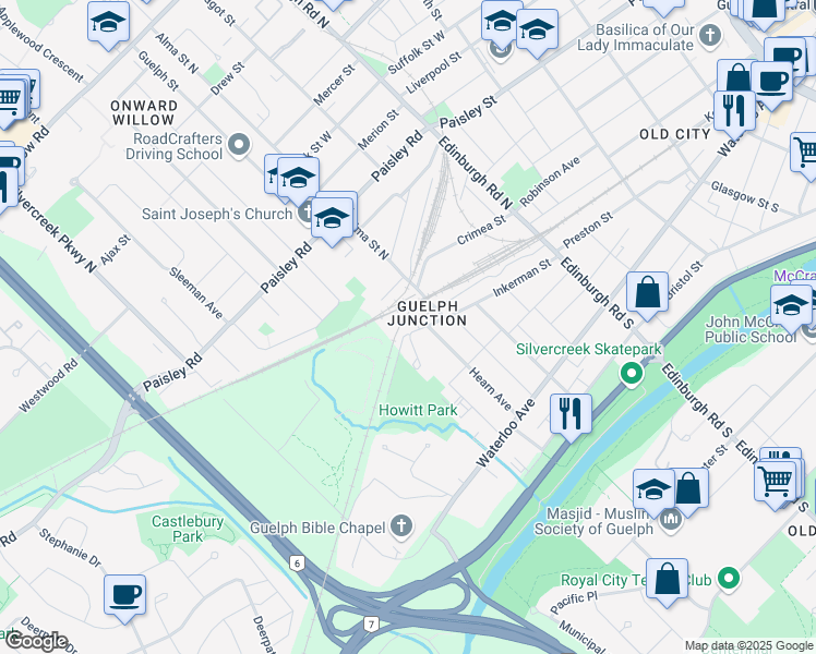 map of restaurants, bars, coffee shops, grocery stores, and more near 163 Inkerman Street in Guelph