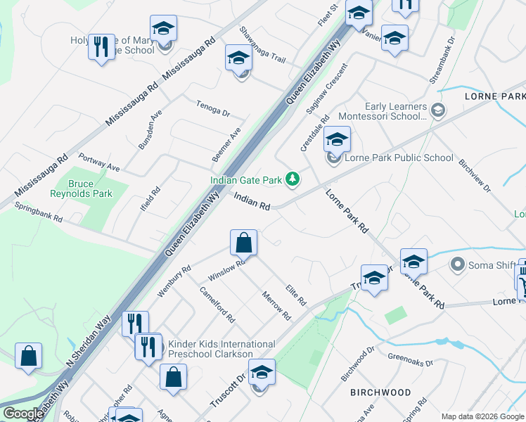 map of restaurants, bars, coffee shops, grocery stores, and more near 1582 Calumet Place in Mississauga
