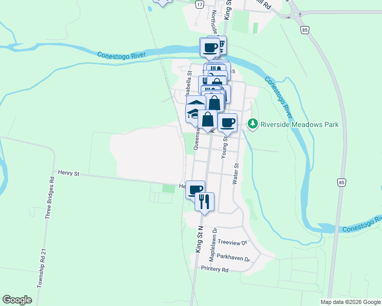 map of restaurants, bars, coffee shops, grocery stores, and more near 118 Queensway Drive in St. Jacobs