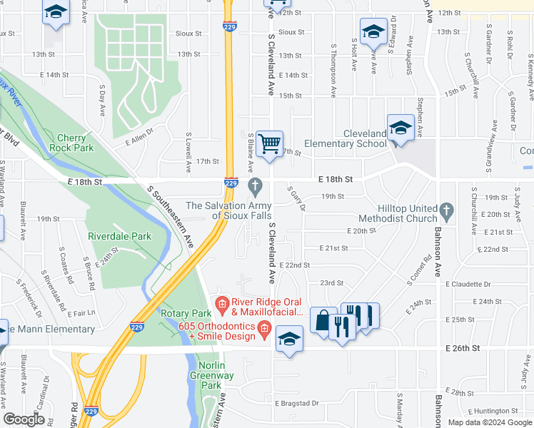 map of restaurants, bars, coffee shops, grocery stores, and more near 1205 South Cleveland Avenue in Sioux Falls
