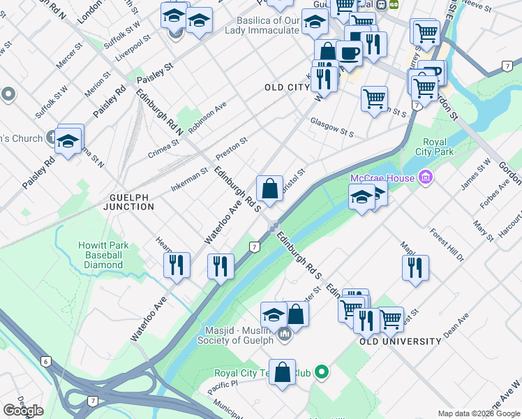 map of restaurants, bars, coffee shops, grocery stores, and more near 120 Edinburgh Rd S, Guelph, ON N1H 5P7 Edinburgh Road South in Guelph