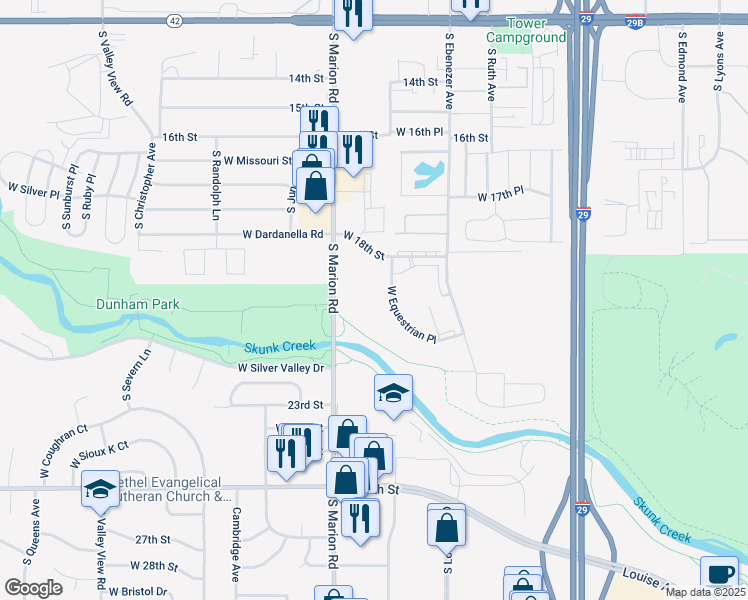 map of restaurants, bars, coffee shops, grocery stores, and more near 5007 West Equestrian Place in Sioux Falls