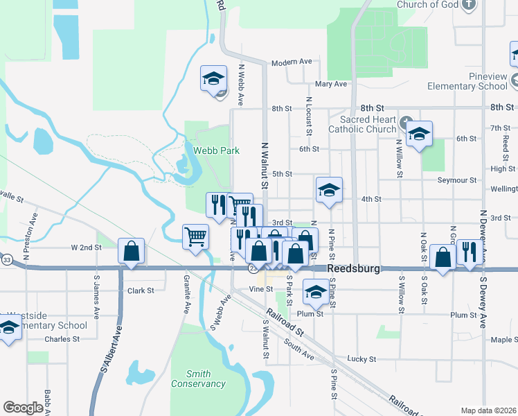 map of restaurants, bars, coffee shops, grocery stores, and more near 170 3rd Street in Reedsburg