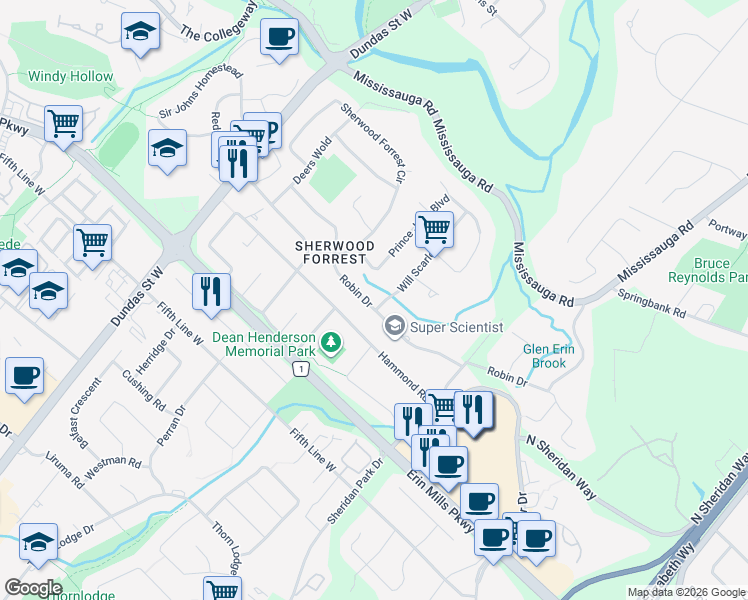 map of restaurants, bars, coffee shops, grocery stores, and more near 2453 Robin Drive in Mississauga