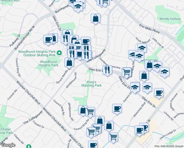 map of restaurants, bars, coffee shops, grocery stores, and more near 3353 Martins Pine Crescent in Mississauga