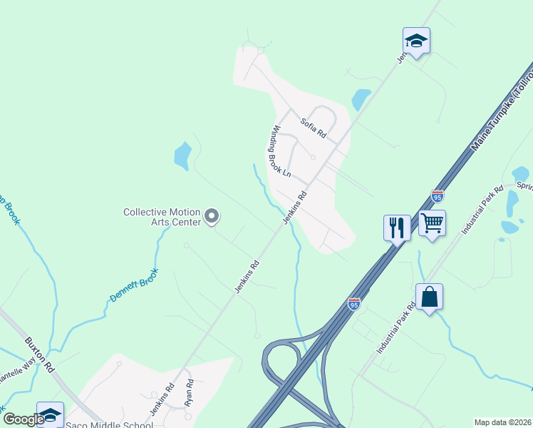 map of restaurants, bars, coffee shops, grocery stores, and more near 84 Jenkins Road in Saco