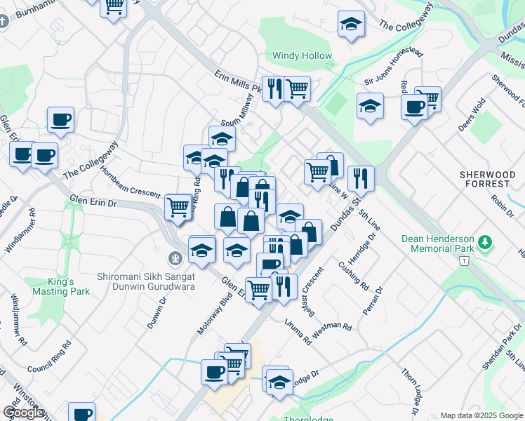 map of restaurants, bars, coffee shops, grocery stores, and more near in Mississauga