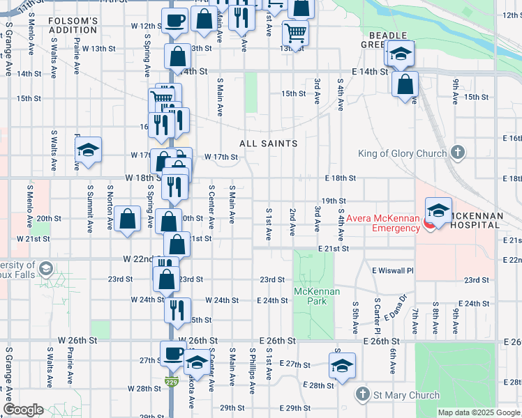 map of restaurants, bars, coffee shops, grocery stores, and more near 1016 South Phillips Avenue in Sioux Falls