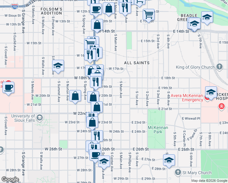 map of restaurants, bars, coffee shops, grocery stores, and more near 1021 South Center Avenue in Sioux Falls