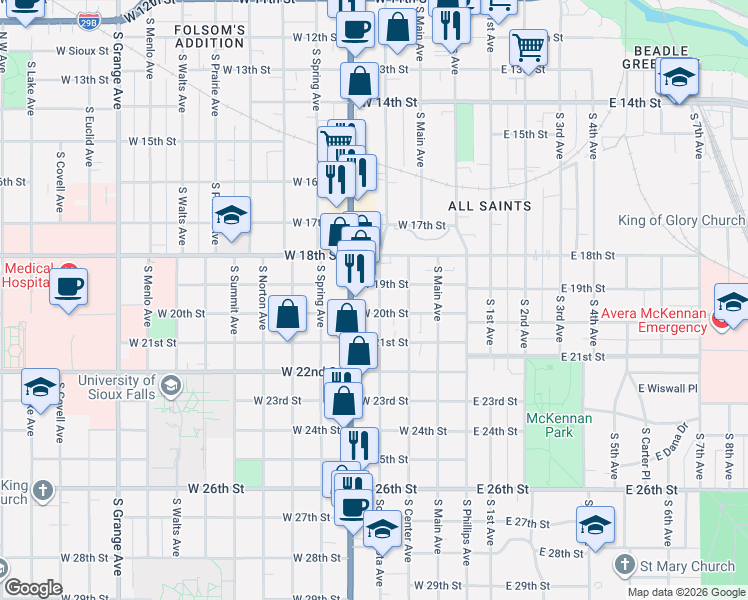 map of restaurants, bars, coffee shops, grocery stores, and more near 414 West 19th Street in Sioux Falls