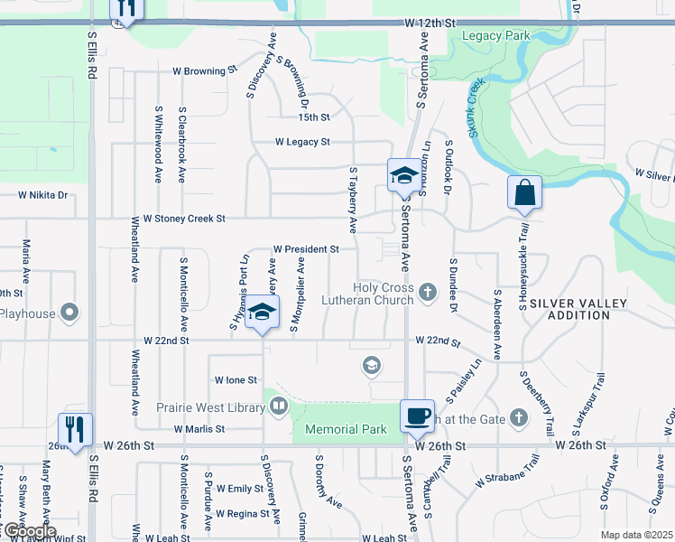 map of restaurants, bars, coffee shops, grocery stores, and more near W President St in Sioux Falls