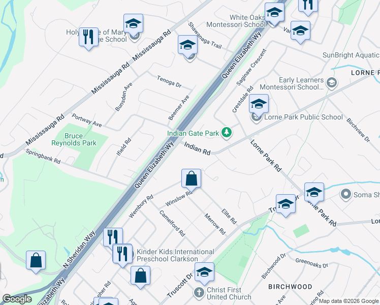 map of restaurants, bars, coffee shops, grocery stores, and more near 1498 Indian Road in Mississauga