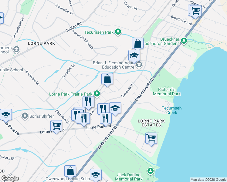 map of restaurants, bars, coffee shops, grocery stores, and more near 1064 Queen Street West in Mississauga