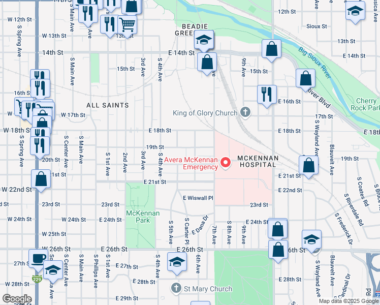 map of restaurants, bars, coffee shops, grocery stores, and more near 624 East 19th Street in Sioux Falls