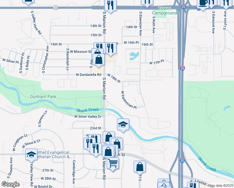 map of restaurants, bars, coffee shops, grocery stores, and more near 5007 West Equestrian Place in Sioux Falls