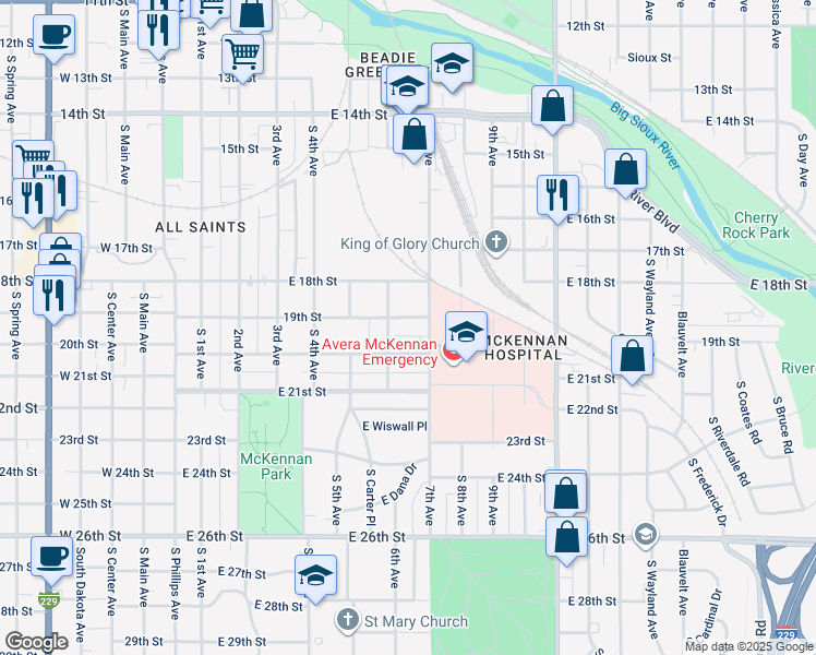 map of restaurants, bars, coffee shops, grocery stores, and more near 709 East 19th Street in Sioux Falls