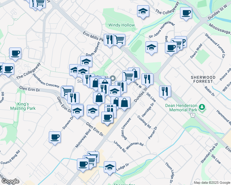 map of restaurants, bars, coffee shops, grocery stores, and more near 2175 Dunwin Drive in Mississauga
