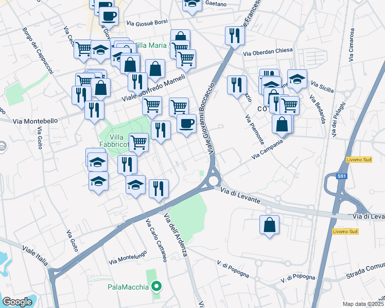 map of restaurants, bars, coffee shops, grocery stores, and more near 63 Via Temistocle Guerrazzi in Livorno
