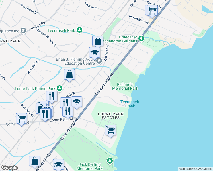 map of restaurants, bars, coffee shops, grocery stores, and more near 900 Lakeshore Road West in Mississauga