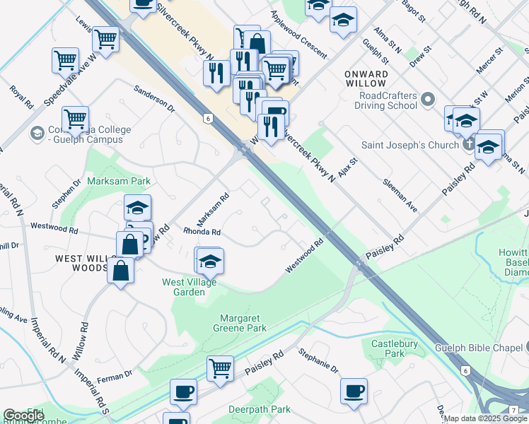 map of restaurants, bars, coffee shops, grocery stores, and more near 49 Rhonda Road in Guelph