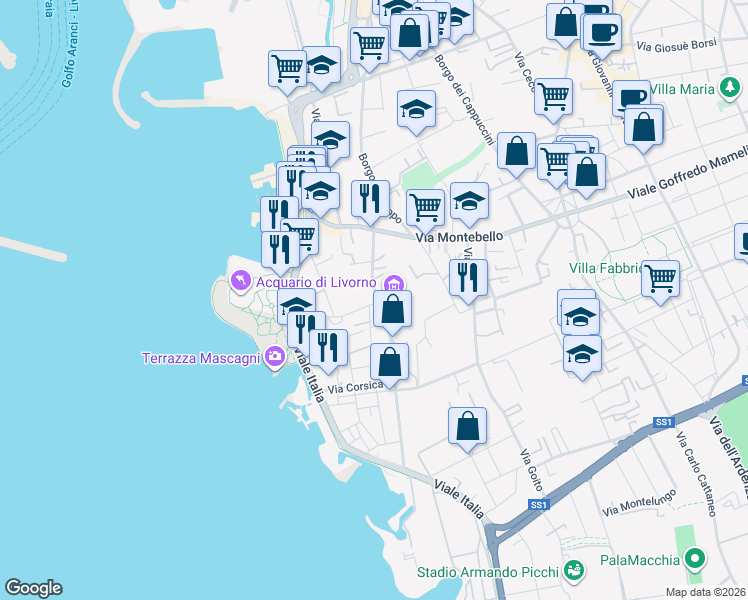 map of restaurants, bars, coffee shops, grocery stores, and more near 53 Via San Jacopo In Acquaviva in Livorno