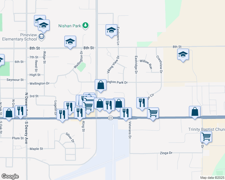 map of restaurants, bars, coffee shops, grocery stores, and more near 1820 Huntington Park Drive in Reedsburg