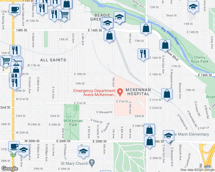 map of restaurants, bars, coffee shops, grocery stores, and more near 716 East 19th Street in Sioux Falls