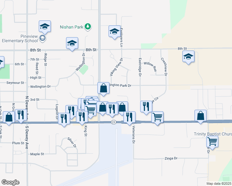 map of restaurants, bars, coffee shops, grocery stores, and more near 1820 Huntington Park Drive in Reedsburg