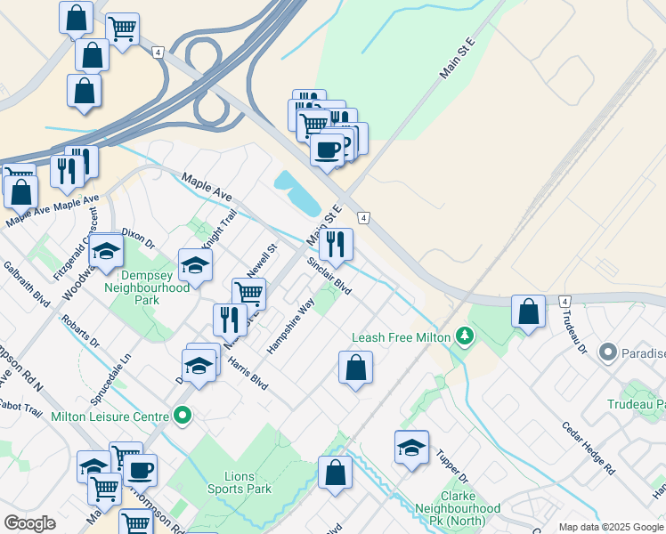 map of restaurants, bars, coffee shops, grocery stores, and more near 1450 Main Street East in Milton