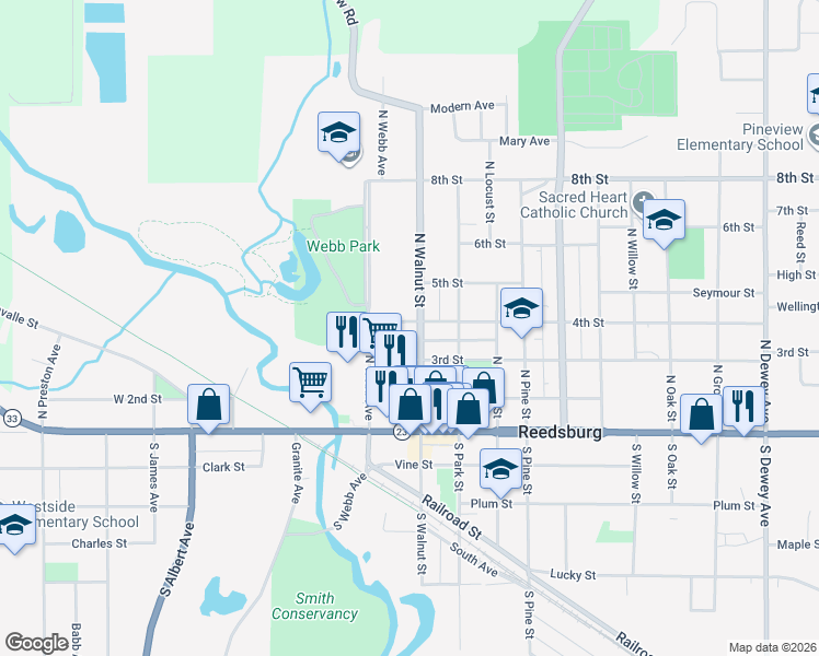 map of restaurants, bars, coffee shops, grocery stores, and more near 190 4th Street in Reedsburg