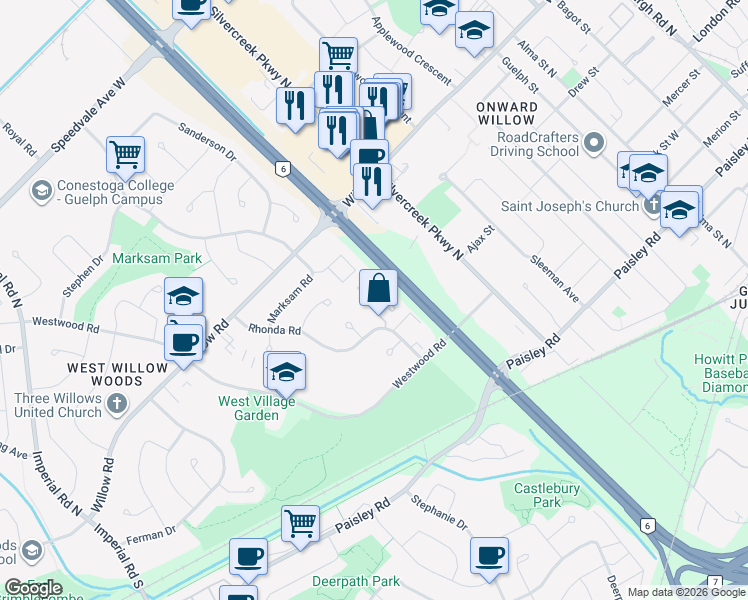 map of restaurants, bars, coffee shops, grocery stores, and more near 49 Rhonda Road in Guelph