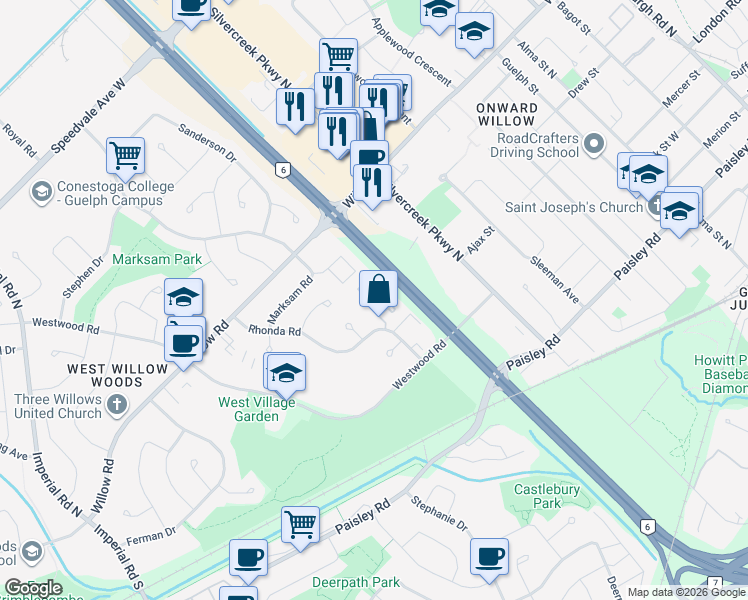 map of restaurants, bars, coffee shops, grocery stores, and more near 49 Rhonda Road in Guelph