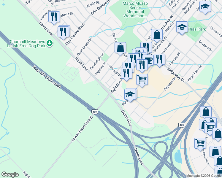map of restaurants, bars, coffee shops, grocery stores, and more near 3985 Eglinton Avenue West in Mississauga