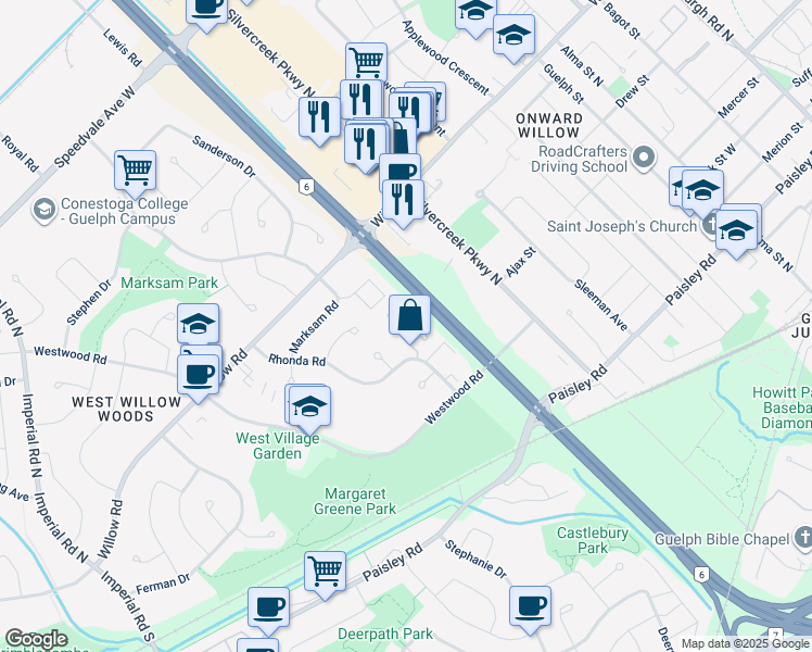 map of restaurants, bars, coffee shops, grocery stores, and more near 49 Rhonda Road in Guelph