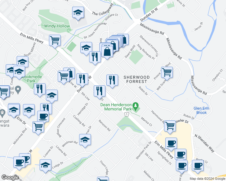 map of restaurants, bars, coffee shops, grocery stores, and more near 2018 Lady Di Court in Mississauga
