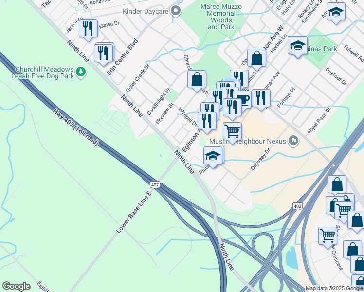 map of restaurants, bars, coffee shops, grocery stores, and more near 3985 Eglinton Avenue West in Mississauga
