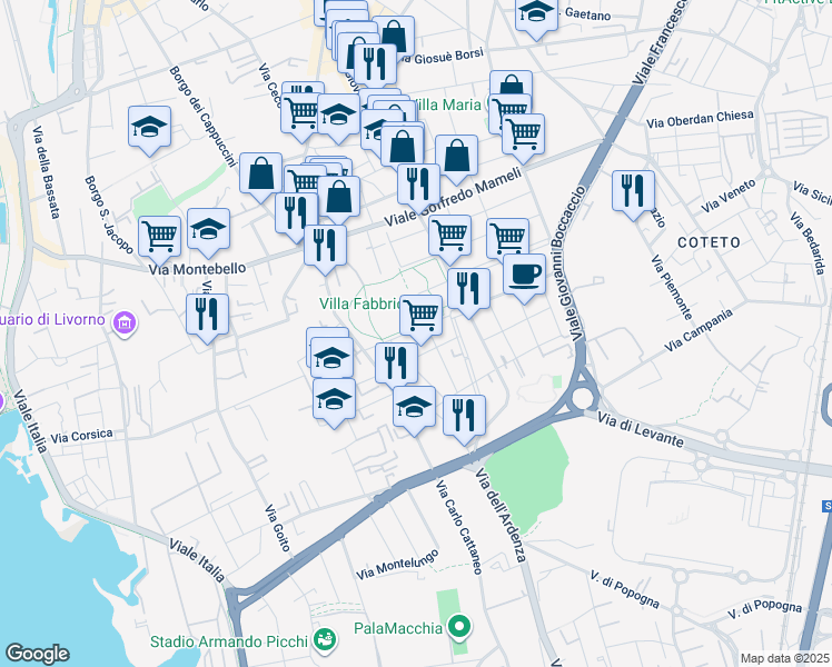 map of restaurants, bars, coffee shops, grocery stores, and more near 8 Via Luigi Pirandello in Livorno
