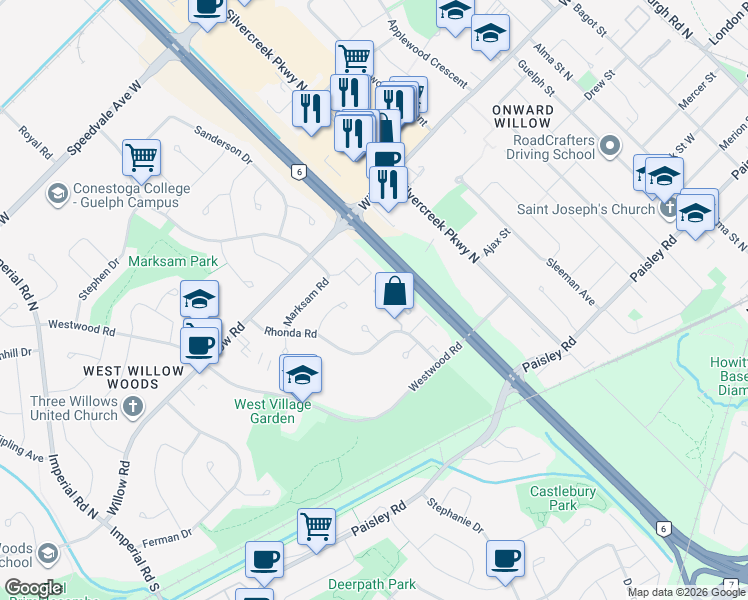 map of restaurants, bars, coffee shops, grocery stores, and more near 49 Rhonda Road in Guelph