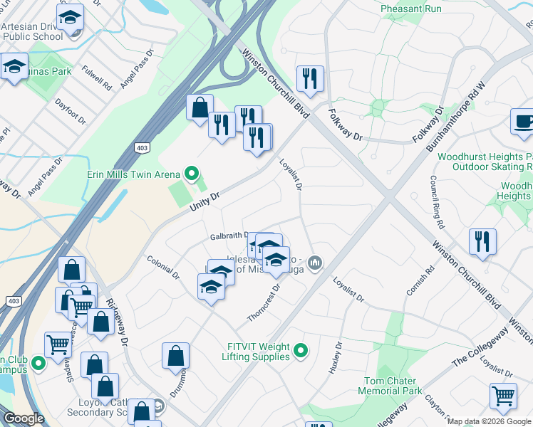map of restaurants, bars, coffee shops, grocery stores, and more near in Mississauga