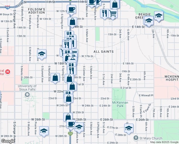 map of restaurants, bars, coffee shops, grocery stores, and more near 201 West 19th Street in Sioux Falls