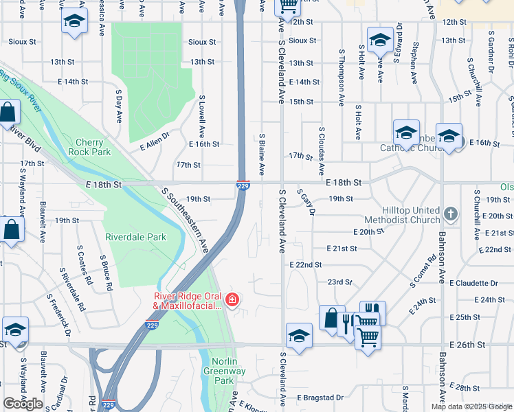 map of restaurants, bars, coffee shops, grocery stores, and more near 1109 South Blaine Avenue in Sioux Falls