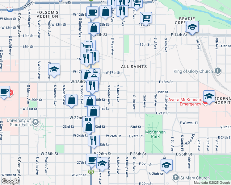 map of restaurants, bars, coffee shops, grocery stores, and more near 1012 South Main Avenue in Sioux Falls