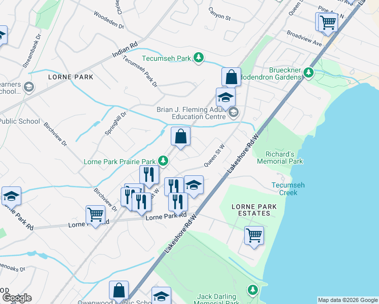 map of restaurants, bars, coffee shops, grocery stores, and more near 1084 Queen Street West in Mississauga