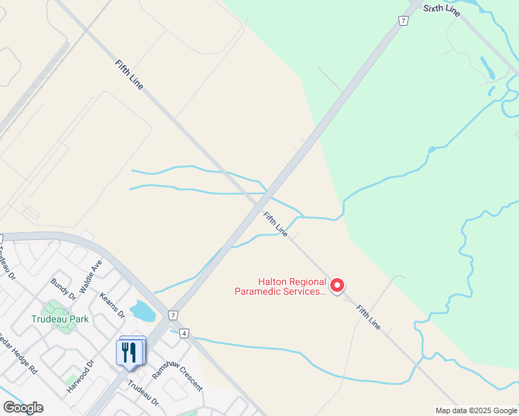 map of restaurants, bars, coffee shops, grocery stores, and more near 6750 Fifth Line in Milton