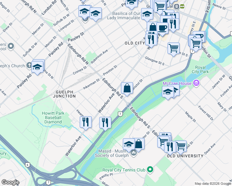 map of restaurants, bars, coffee shops, grocery stores, and more near 200 Waterloo Avenue in Guelph