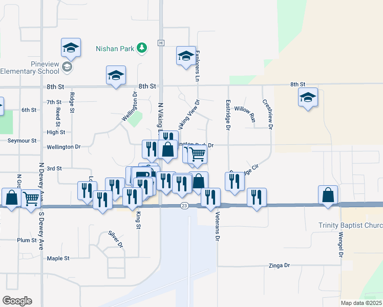 map of restaurants, bars, coffee shops, grocery stores, and more near 1820 Huntington Park Drive in Reedsburg