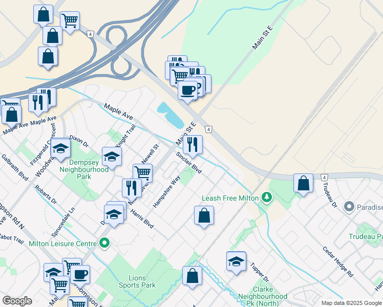 map of restaurants, bars, coffee shops, grocery stores, and more near 1450 Main Street East in Milton