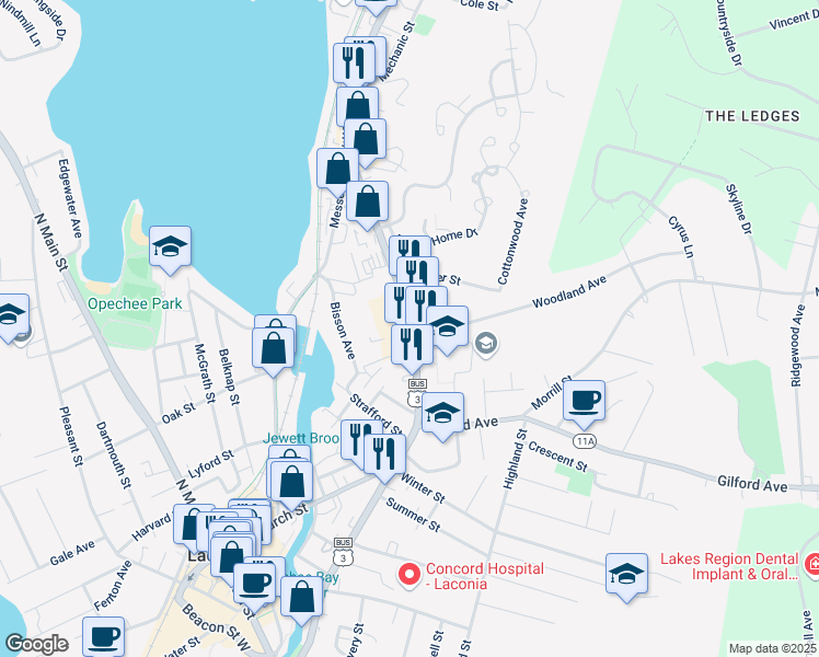 map of restaurants, bars, coffee shops, grocery stores, and more near 385d Union Avenue in Laconia