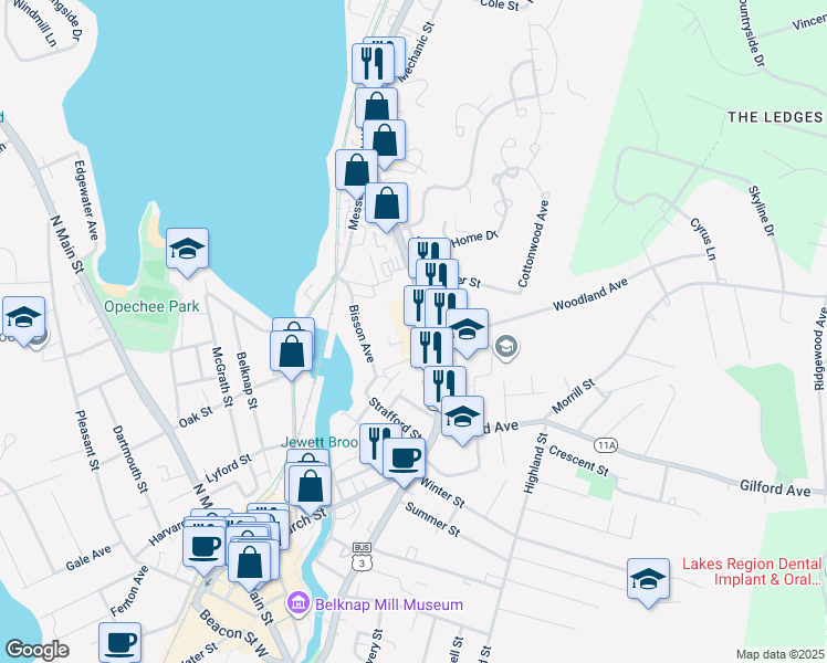 map of restaurants, bars, coffee shops, grocery stores, and more near 376 Union Avenue in Laconia